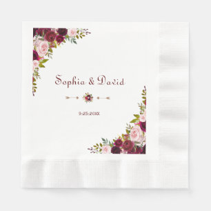 Serviettes Jetables Chic Elegant Bourgogne Marsala Floral Mariage