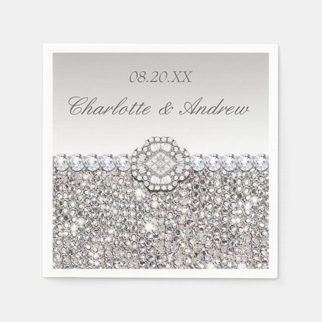 Serviettes Jetables Chic Faux Séquins Argent Diamants Mariage (Devant)