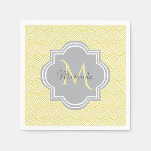 Serviettes Jetables Chic Jaune Art Déco Scallops Grey Monogramme Nom