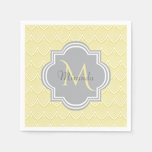 Serviettes Jetables Chic Jaune Art Déco Scallops Grey Monogramme Nom (Devant)