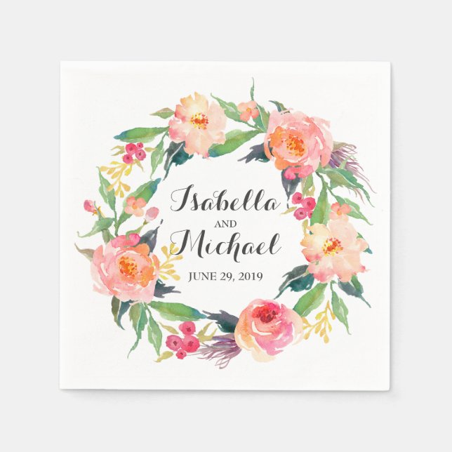 Serviettes Jetables Chic Mariage floral aquarelle (Devant)