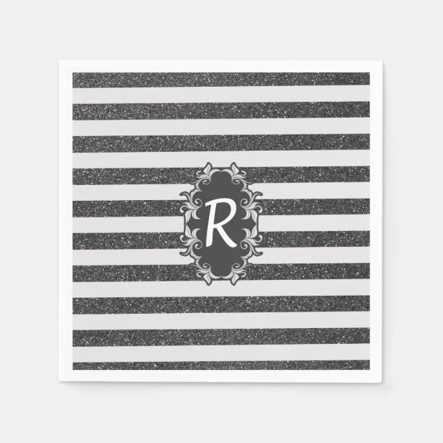 Serviettes Jetables Chic noir blanc fausse parties scintillant bandes  (Devant)