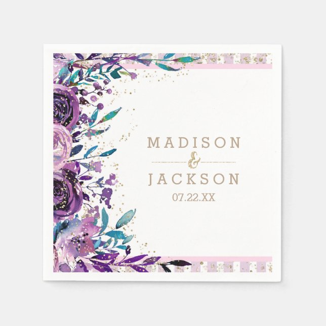 Serviettes Jetables Chic violet champagne Floral Mariage Monogramme or (Devant)