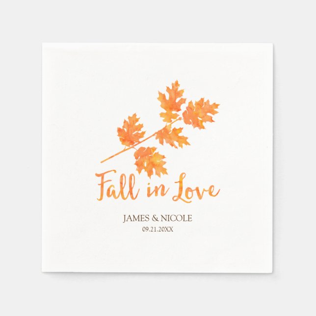 Serviettes Jetables Chute en Amour Orange Aquarelle Feuille Mariage (Devant)
