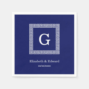 Serviettes Jetables Clé grecque blanche bleue marine #1 Monogramme enc