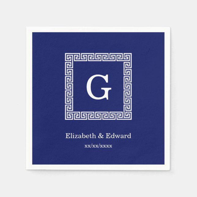 Serviettes Jetables Clé grecque blanche bleue marine #1 Monogramme enc (Devant)