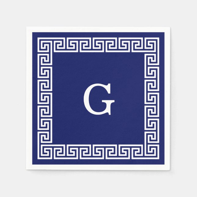 Serviettes Jetables Clé grecque blanche bleue marine #1 Monogramme enc (Devant)