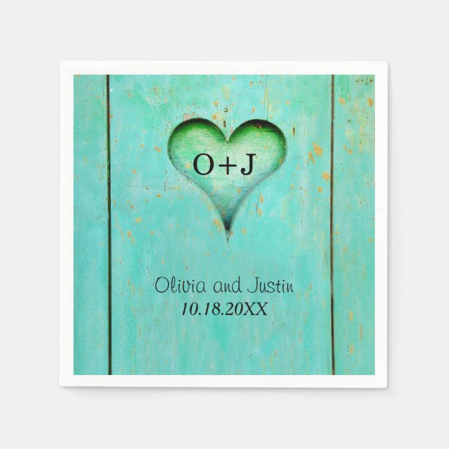 Serviettes Jetables Cœur Monogrammé en Bois Rustique Turquoise (Devant)