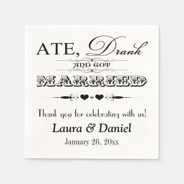 Serviettes Jetables Coeurs noir et blanc, Scrolls Mariage serviettes (Devant)