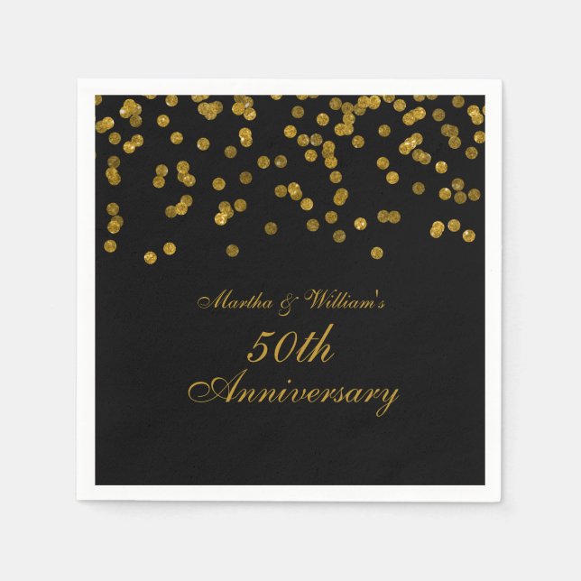 Serviettes Jetables Confetti d'or noir 50e anniversaire (Devant)