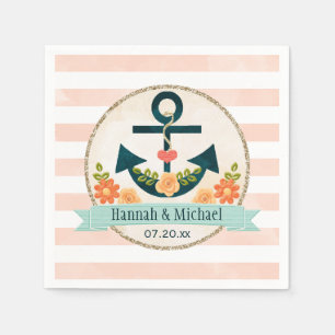 Serviettes Jetables Corail et marine Blue Ancre nautique Mariage