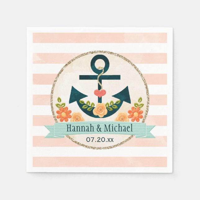 Serviettes Jetables Corail et marine Blue Ancre nautique Mariage (Devant)