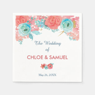 Serviettes Jetables Coral rose et Aqua Mariage Floral