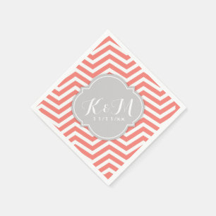 Serviettes Jetables Coral rose et blanc Chevron avec Monogramme