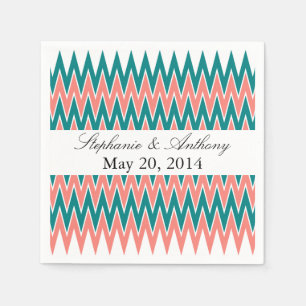 Serviettes Jetables Coral rose et Turquoise Mariage Zigzag