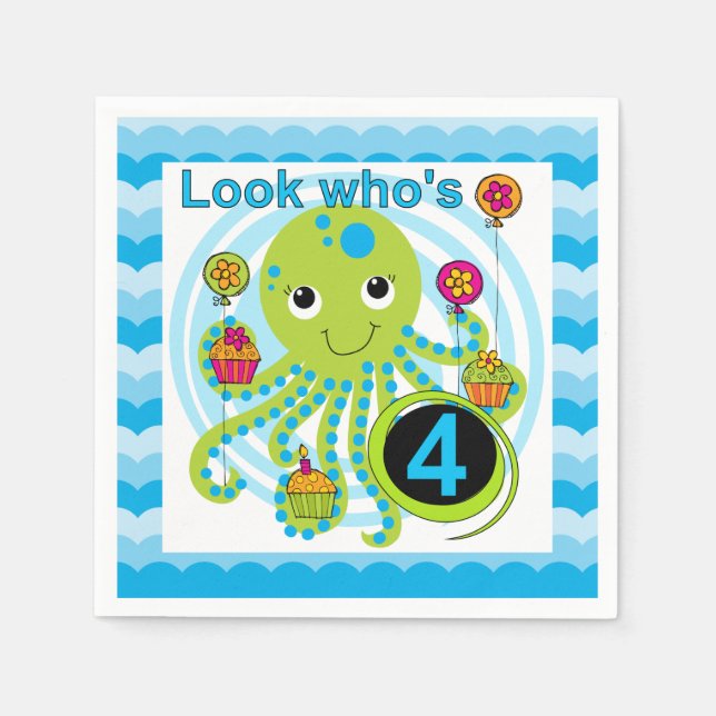 Serviettes Jetables Cupcake Octopus 4e Anniversaire Papier serviettes (Devant)