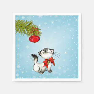 Serviettes Jetables Curieux Chat Kitty Dans Une Boue De Noël Rouge