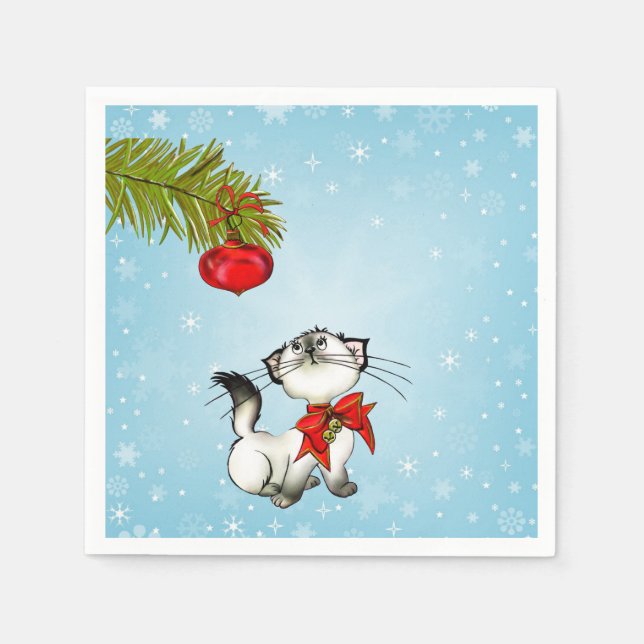 Serviettes Jetables Curieux Chat Kitty Dans Une Boue De Noël Rouge (Devant)