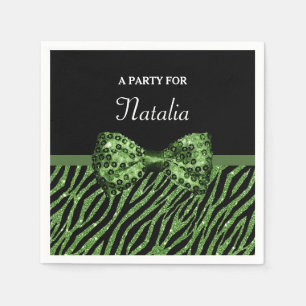 Serviettes Jetables Cute Green Zebra Print FAUX Glitz Bow avec nom