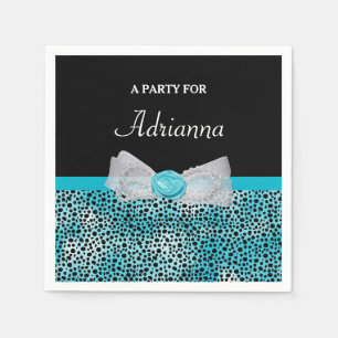 Serviettes Jetables Cute Turquoise Cheetah Imprimer Frilly Bow et nom