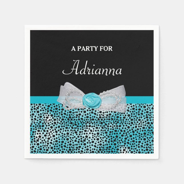 Serviettes Jetables Cute Turquoise Cheetah Imprimer Frilly Bow et nom (Devant)