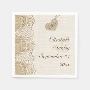 Serviettes Jetables Dentelle blanche et coeur sur burlap mariage rusti