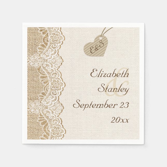 Serviettes Jetables Dentelle blanche et coeur sur burlap mariage rusti (Devant)