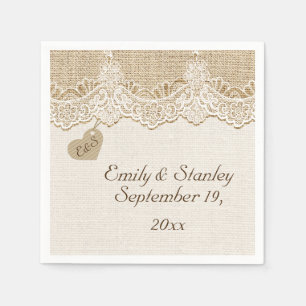 Serviettes Jetables Dentelle blanche et cœur sur toile de jute mariage