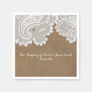 Serviettes Jetables Dentelle blanche et marron rustique chic élégant m