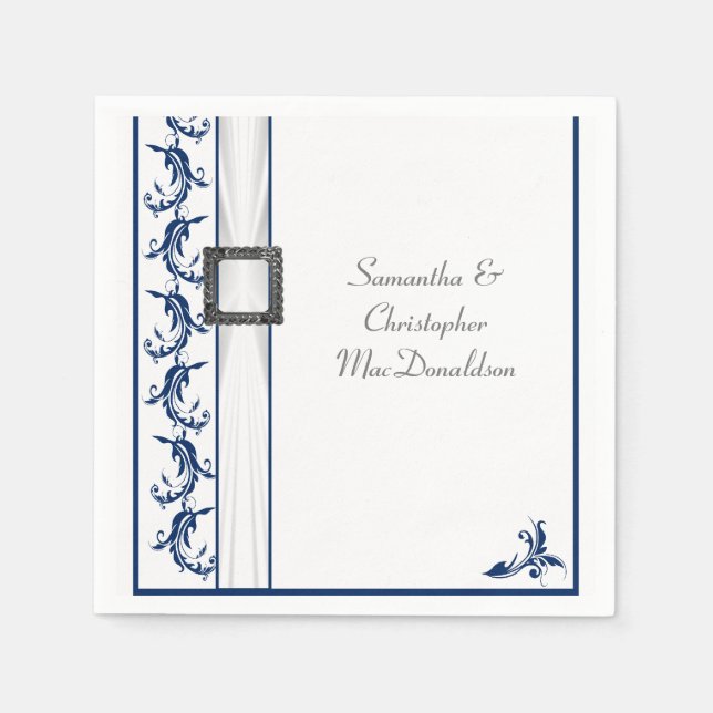 Serviettes Jetables Dentelle bleu marine et blanche en plaine mariage  (Devant)