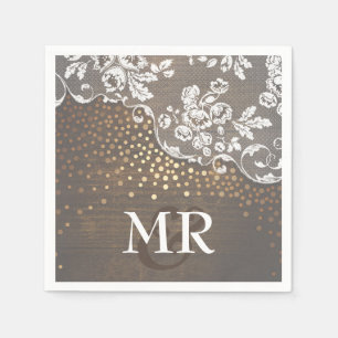 Serviettes Jetables Dentelle Bois Or Confetti rustique Pays