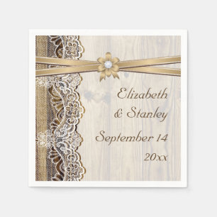 Serviettes Jetables Dentelle, fleur de ruban sur mariage de bois