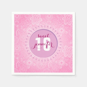 Serviettes Jetables Dentelle Monogramme Rose & Blanc Fleurs Et Papillo