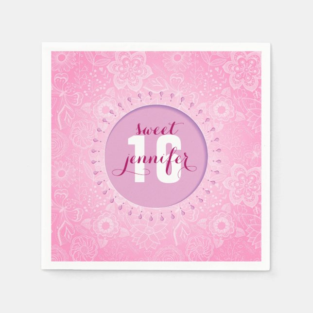 Serviettes Jetables Dentelle Monogramme Rose & Blanc Fleurs Et Papillo (Devant)