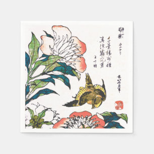 Serviettes Jetables Dessin japonais vintage, pivoines et moineau