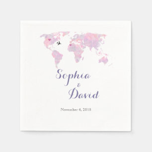 Serviettes Jetables Destination Mariage Voyage Aquarelle Carte du mond