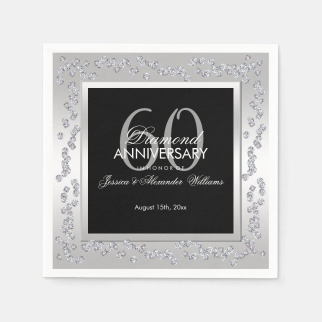 Serviettes Jetables Diamants élégants Argent 60e anniversaire Mariage (Devant)