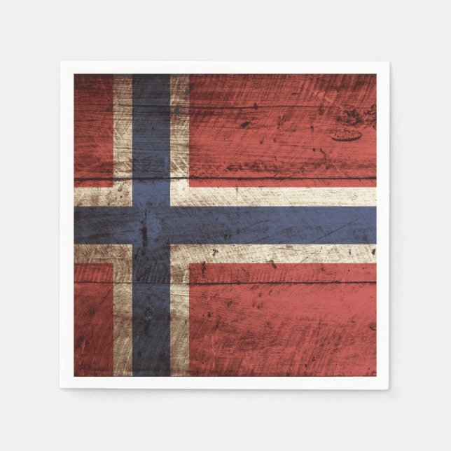 Serviettes Jetables Drapeau de Norvège sur le vieux grain de bois (Devant)