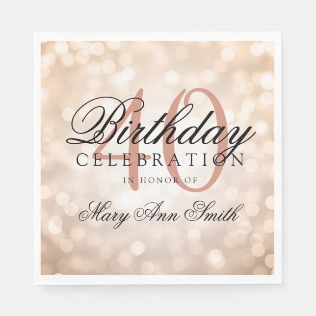 Serviettes Jetables Elégant 40e anniversaire Rose Gold Parties scintil (Devant)