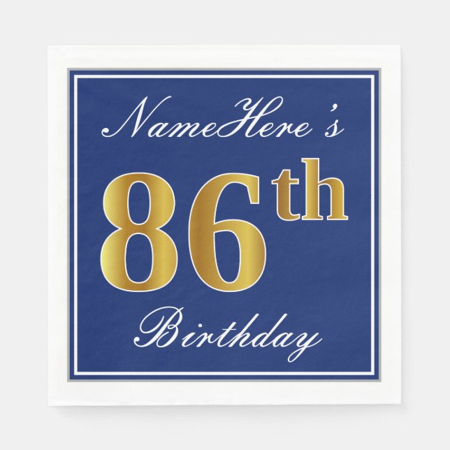Serviettes Jetables Elégant bleu, Faux Gold 86e anniversaire; Nom pers (Devant)