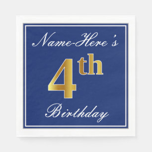 Serviettes Jetables Elégant bleu, Faux or 4ème anniversaire + Nom pers