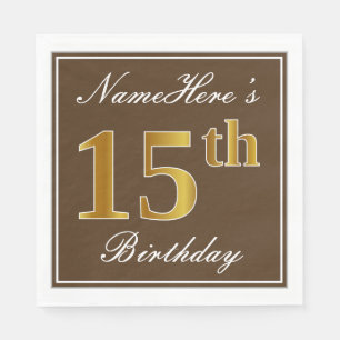 Serviettes Jetables Elégant Brown, Faux Gold 15ème anniversaire + Nom