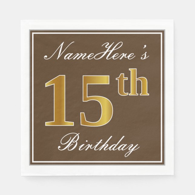 Serviettes Jetables Elégant Brown, Faux Gold 15ème anniversaire + Nom (Devant)