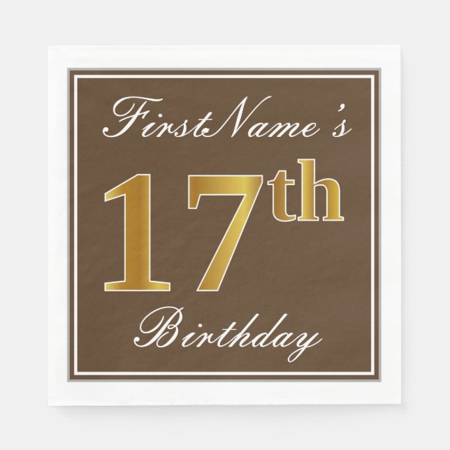 Serviettes Jetables Elégant Brown, Faux Gold 17ème anniversaire + Nom (Devant)