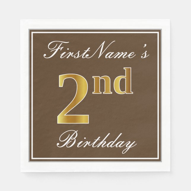 Serviettes Jetables Elégant Brown, Faux Gold 2e anniversaire; Nom pers (Devant)