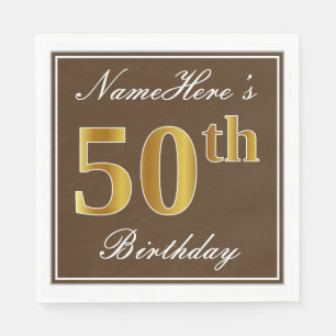 Serviettes Jetables Elégant Brown, Faux Gold 50e Anniversaire + Nom