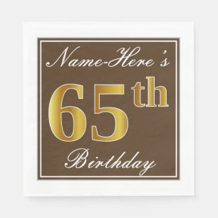 Serviettes Jetables Elégant Brown, Faux Gold 65ème anniversaire + Nom