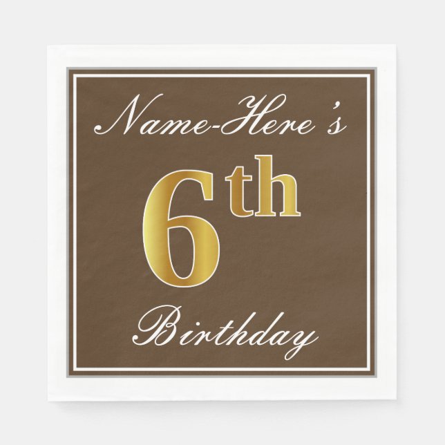 Serviettes Jetables Elégant Brown, Faux Gold 6e anniversaire; Nom pers (Devant)