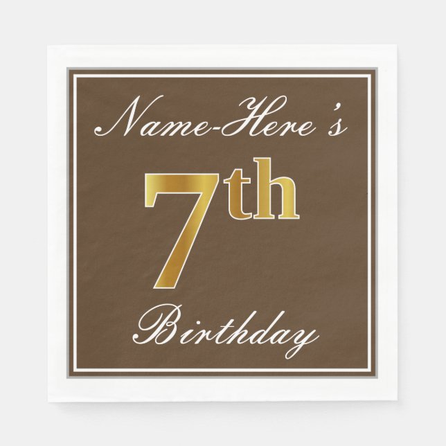 Serviettes Jetables Elégant Brown, Faux Gold 7e anniversaire; Nom pers (Devant)