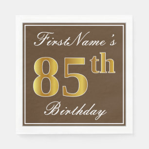 Serviettes Jetables Élégant Brown, Faux Gold 85e anniversaire + Nom